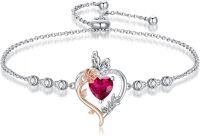 wholesale 925 Sterling Silver Rose Heart Birthstone Butterfly Bracelet for Women-07-July-Ruby