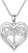 wholesale 925 Sterling Silver Heart Tree Of Life Necklace with Cubic Zirconia Stones and Chain for Women Girls  45cm Length-0-0