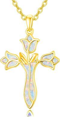 wholesale 925 Sterling Silver White Fire Opal Flower Cross Pendant Necklace for Women-Gold-White Opal-Cross