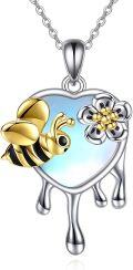 wholesale 925 Sterling Silver Heart-Shaped Moonstone Jewelry with Gold-Plated Bee and Flower Design Pendant Necklace for Women Girls Gift 48cm Chain Length-0-0