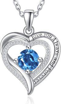 wholesale Sterling Silver White Gold Heart Pendant Necklace w Birthstone for Women-03-Mar