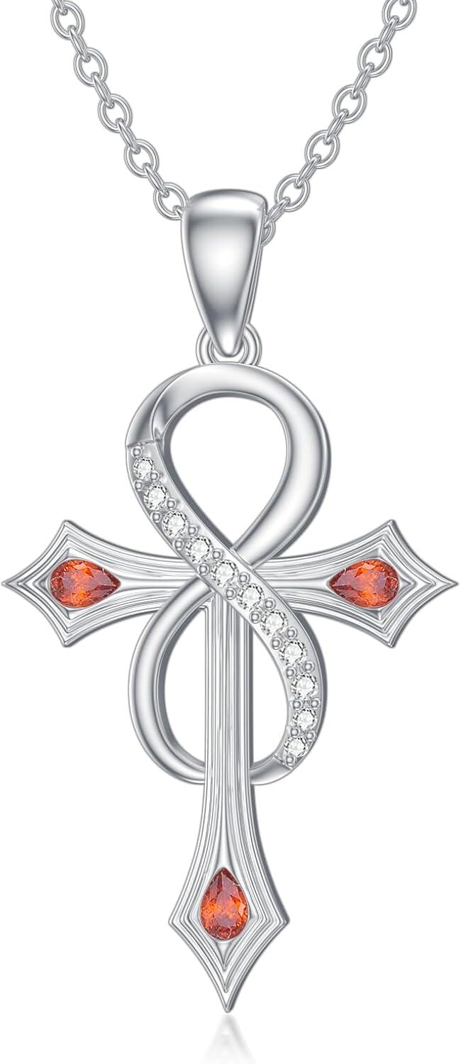 wholesale 925 Sterling Silver Ankh Cross with Garnets & CZs Pendant Necklace-0-0