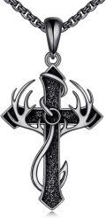 wholesale 925 Sterling Silver Antler Cross Pendant Necklace with Black Stone and Chain-0-0