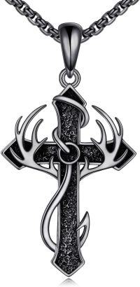 wholesale 925 Sterling Silver Antler Cross Pendant Necklace with Black Stone and Chain-Abalone