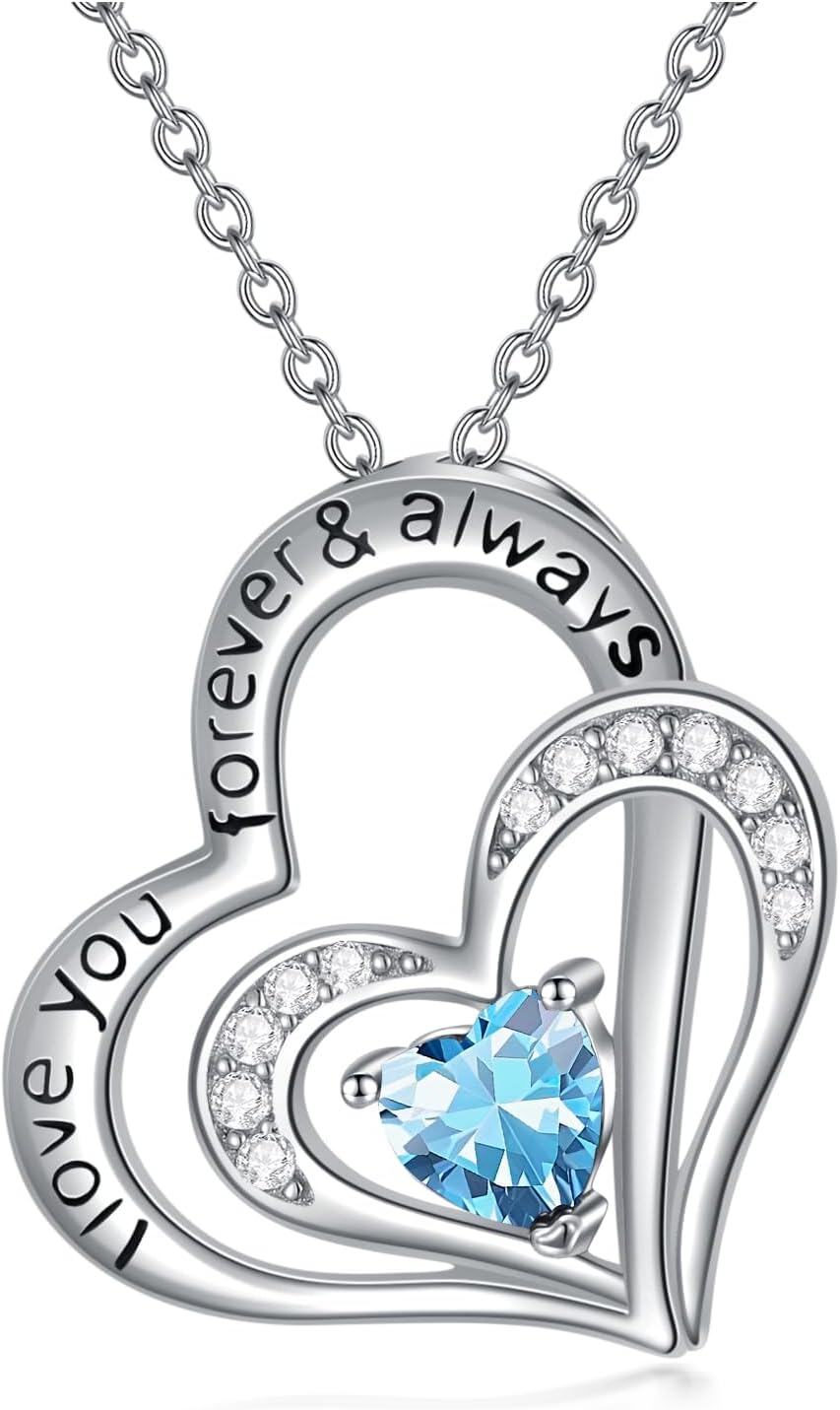 Sterling Silver CZ Heart Birthstone Necklace for Women Anniversary Gift-3-March