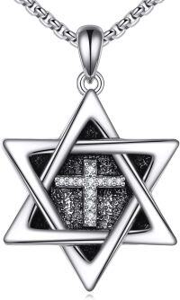 wholesale 925 Sterling Silver Cross Pendant with Black Stone and Cubic Zirconia Accents - 6 Pointed Star of David Necklace for Men & Women-Star of David