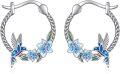 wholesale 925 Sterling Silver Blue Enamel Flower & Bird Dangle Drop Hook Earrings for Women Girls  4cm Diameter-0-0