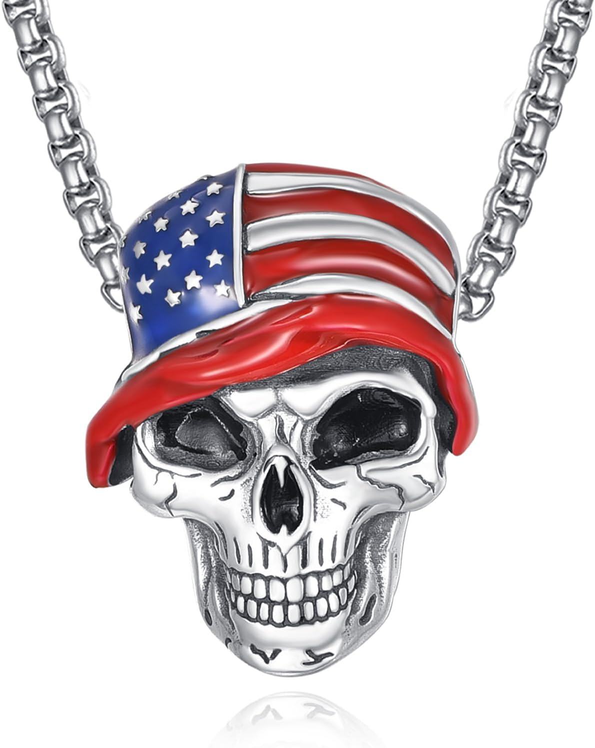 wholesale 925 Sterling Silver American Flag Skull Pendant Necklace for Men Gothic s-0-0