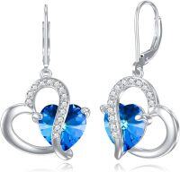 wholesale 925 Sterling Silver Blue Crystal Heart Drop Leverback Earrings Gift for Her-Heart Style-5