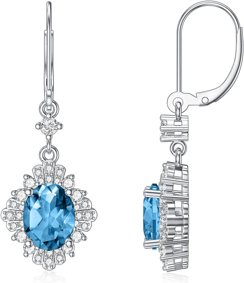 14K White Gold Plated Sterling Silver Genuine Gemstone Oval Cut 9x7mm Leverback Dangle Earrings-0-1