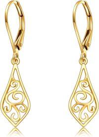 wholesale 14K Gold Solid Teardrop Filigree Drop Earrings with Leverbacks - Fine  for Women-Vintage Filigree Leverback Earrings