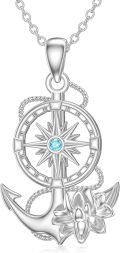 wholesale 925 Sterling Silver Anchor & Compass Pendant Necklace with Blue Crystal Stone - Nautical  for Women-0-0