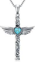 wholesale 925 Sterling Silver & Turquoise Angel Feather Cross Necklace with Heart Stone, 18 Adjustable Chain-0-0