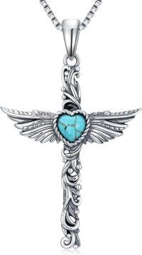 wholesale 925 Sterling Silver & Turquoise Angel Feather Cross Necklace with Heart Stone, 18 Adjustable Chain-Angel Feather