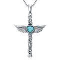 wholesale 925 Sterling Silver & Turquoise Angel Feather Cross Necklace with Heart Stone, 18 Adjustable Chain-0-0