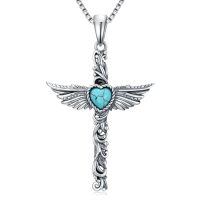 wholesale 925 Sterling Silver & Turquoise Angel Feather Cross Necklace with Heart Stone, 18 Adjustable Chain-Angel Feather
