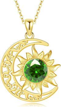 wholesale 18k Gold Plated Silver Sun and Moon Pendant Necklace with Green Gemstone Birthstone Jewelry for Women-B-Green