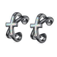 wholesale 925 Sterling Silver & Opal Black Cross Ear Cuff Non-Pierced Cartilage Clip-On Helix Earrings for Women-Black-Opal