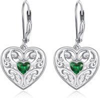 wholesale 925 Sterling Silver Zircon Birthstone Heart Earrings – Gift for Women, Wife, Mother-emerald