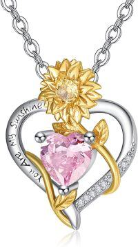 wholesale 925 Sterling Silver Sunflower Birthstone Necklace Heart Pendant Sunshine Jewelry Gift for Women-10 Oct