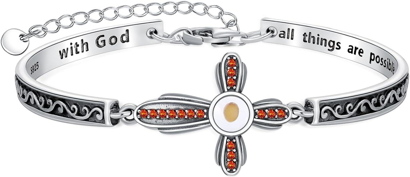 wholesale 925 Sterling Silver Mustard Seed Cross Bracelet with 12 Birthstones God All Things Possible Bangle Christian Jewelry Gift for Women-January