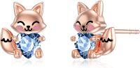 wholesale 925 Sterling Silver Rose Gold Plated Cute Fox with Blue Crystal Heart Stud Earrings for Women-March