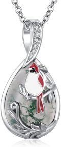 wholesale 925 Sterling Silver Teardrop Moss Agate Red Bird Pendant Necklace-0-0