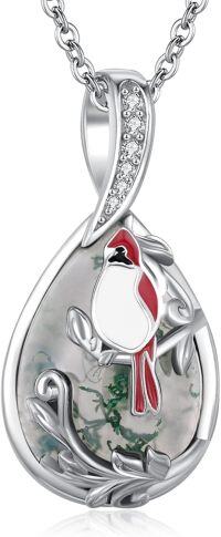 wholesale 925 Sterling Silver Teardrop Moss Agate Red Bird Pendant Necklace-E