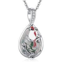 wholesale 925 Sterling Silver Teardrop Moss Agate Red Bird Pendant Necklace-E