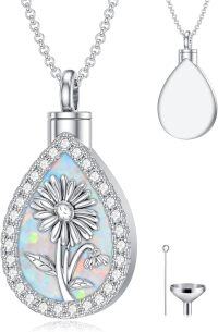 wholesale Sterling Silver Opal Birth Flower Urn Necklace for Ashes 12 Month Memorial Jewelry-04-April-Daisy+Text
