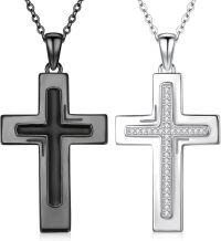 wholesale 925 Sterling Silver Black & White Cross Pendant Necklace Set of 2 for Couples-Cubic Zirconia