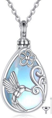wholesale 925 Sterling Silver Teardrop Hummingbird Flower Keepsake Pendant Urn Necklace with Funnel and Fill Tool for Ashes Cremation Jewelry-Moonstone Hummingbird