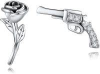 wholesale 925 Sterling Silver Rose & Gun Stud Earrings - Punk Style Jewelry for Women-silver