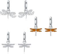 wholesale 925 Sterling Silver Orange Enamel & Cubic Zirconia Dragonfly Huggie Hoops (Set of 3)-Dragonfly