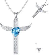 wholesale TOUPOP Cremation Jewelry Cross Urn Necklaces For Ashes For Women S925 Sterling Silver Wing Cross Memorial Keepsake Urn Pendant With Aquamarine Heart Crystal Engraved Forever In My Heart -undefined