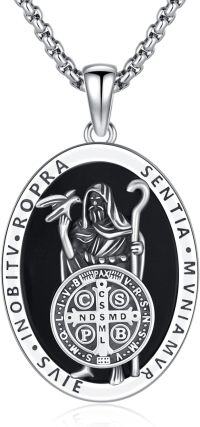 wholesale Sterling Silver Archangel Medals St Pendant Necklace for Men Women-11-St Benedict(oval obsidian-silver)