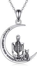 wholesale 925 Sterling Silver Crescent Moon with Cat and Skeleton Pendant Necklace Gothic s for Women Men-0-0