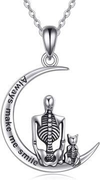 wholesale 925 Sterling Silver Crescent Moon with Cat and Skeleton Pendant Necklace Gothic s for Women Men-Friendship