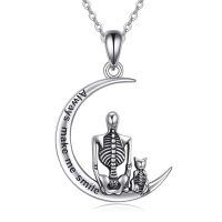 wholesale 925 Sterling Silver Skeleton With Cat Crescent Moon Pendant Necklace Always Make Me Smile-Friendship