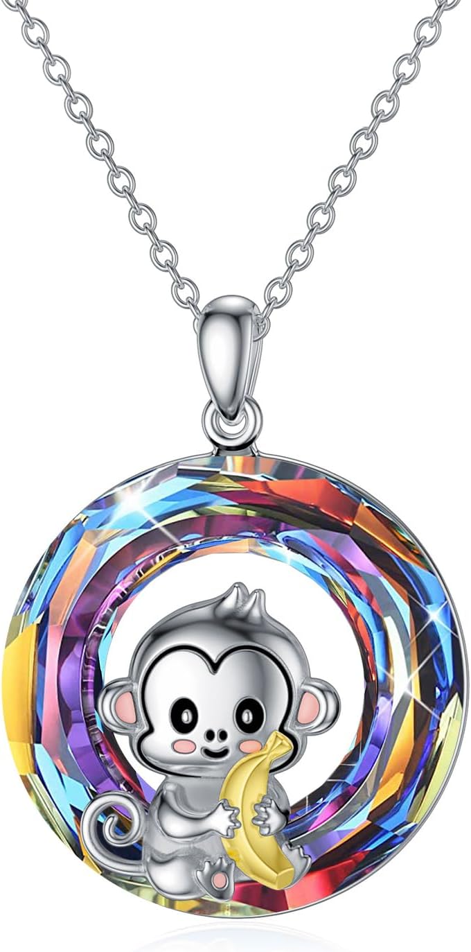 wholesale 925 Sterling Silver Rainbow Crystal Monkey Pendant Necklace for Women-0-0