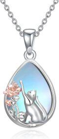 wholesale 925 Sterling Silver Cat & Flower Design Blue Mother of Pearl Teardrop Pendant Necklace for Women-0-0
