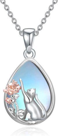 wholesale 925 Sterling Silver Cat & Flower Design Blue Mother of Pearl Teardrop Pendant Necklace for Women-Cat