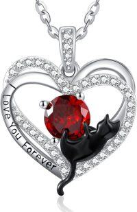 wholesale 925 Sterling Silver Birthstone Cat Projection Heart Pendant Necklace-01 Jan - Garnet-01 Jan - Garnet