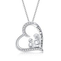 wholesale 925 Sterling Silver Love You Mom Mother Daughter Heart Cubic Zirconia Pendant Necklace-E-Mom Daughter1