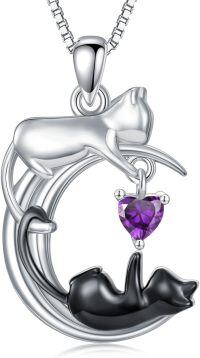 wholesale Silver Onyx Cat Moon Pendant Necklace Women s Jewelry Gift-February - Amethyst