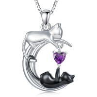 wholesale 925 Sterling Silver Onyx Cat Moon Pendant Necklace Women s Jewelry Gift-February - Amethyst