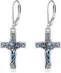 wholesale 925 Sterling Silver Cross Earrings with Abalone Shell Inlay Leverback Dangle Drop Religious Jewelry for Women and Men-0-0