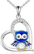 wholesale 925 Sterling Silver Owl Heart Pendant Necklace Blue Enamel s for Women-0-0