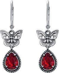 wholesale Sterling Silver Butterfly Earrings with Austrian Simulated Birthstone Crystals Vintage Retro Oxidized Dangle Drop Jewelry Gifts for Women-Red