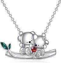 wholesale 925 Sterling Silver Teddy Bear Family Love Red Crystal Heart Pendant Necklace Gifts for Women Girls-bear necklace for women